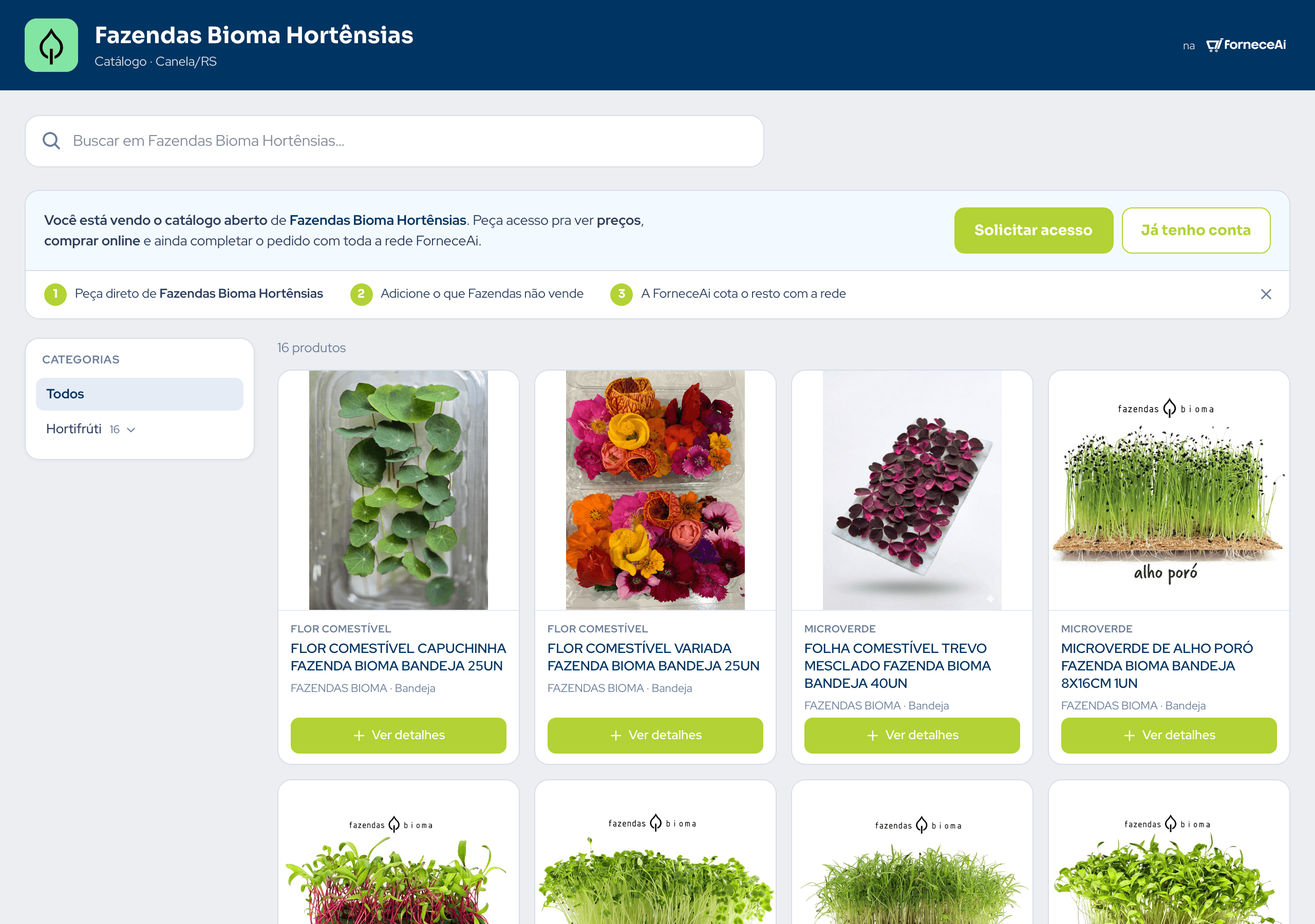 Banca online da Fazendas Bioma Hortênsias na ForneceAí: microverdes e flores comestíveis