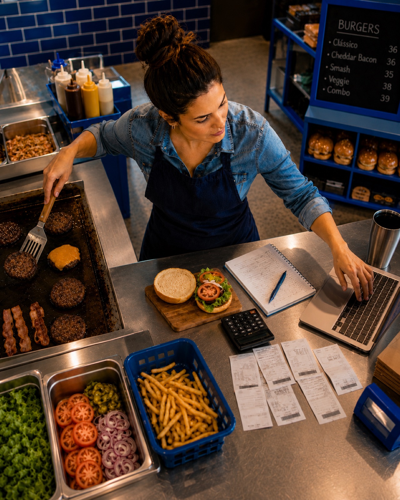 Dona de hamburgueria na chapa conferindo o pedido no notebook